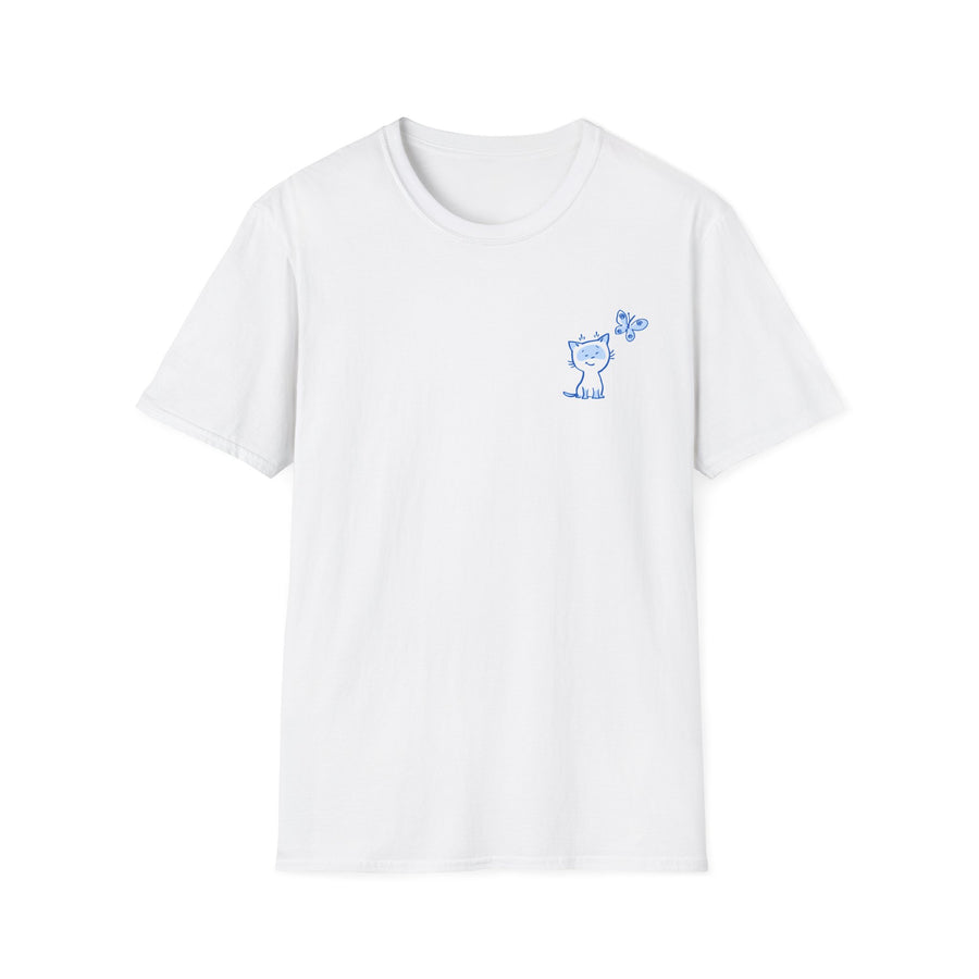 Cute Cat & Butterfly Chest Tee — Minimal Blue Graphic T-Shirt