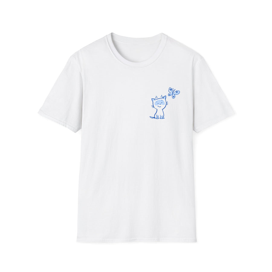Cute Blue Doodle Kitten T-Shirt — Minimal Cat & Butterfly Pocket Design
