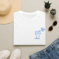 Cute Blue Doodle Kitten T-Shirt — Minimal Cat & Butterfly Pocket Design