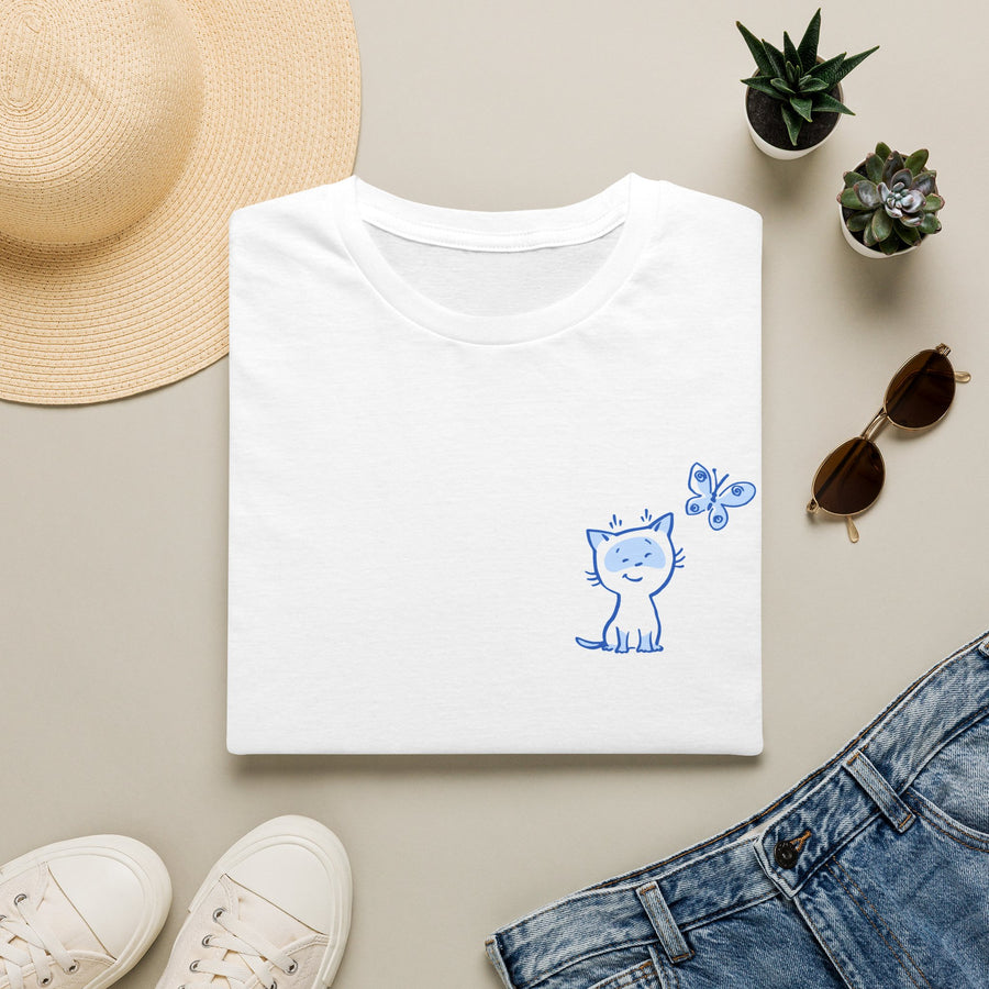 Cute Blue Doodle Kitten T-Shirt — Minimal Cat & Butterfly Pocket Design