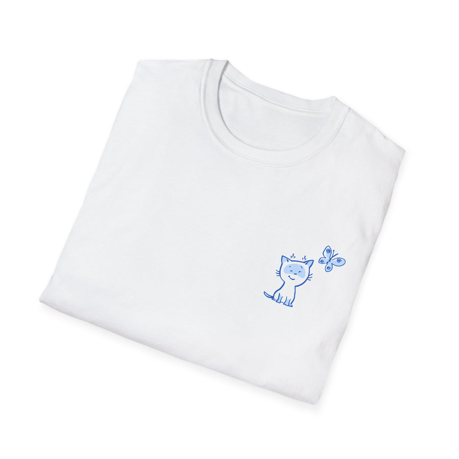 Cute Cat & Butterfly Chest Tee — Minimal Blue Graphic T-Shirt
