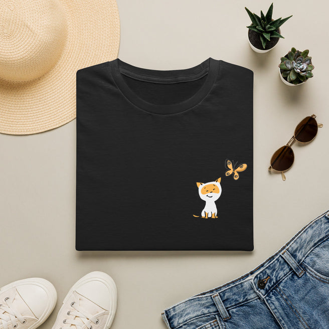 Cute Ginger Cat & Butterfly T-Shirt — Small Chest Graphic Cat Lover Tee