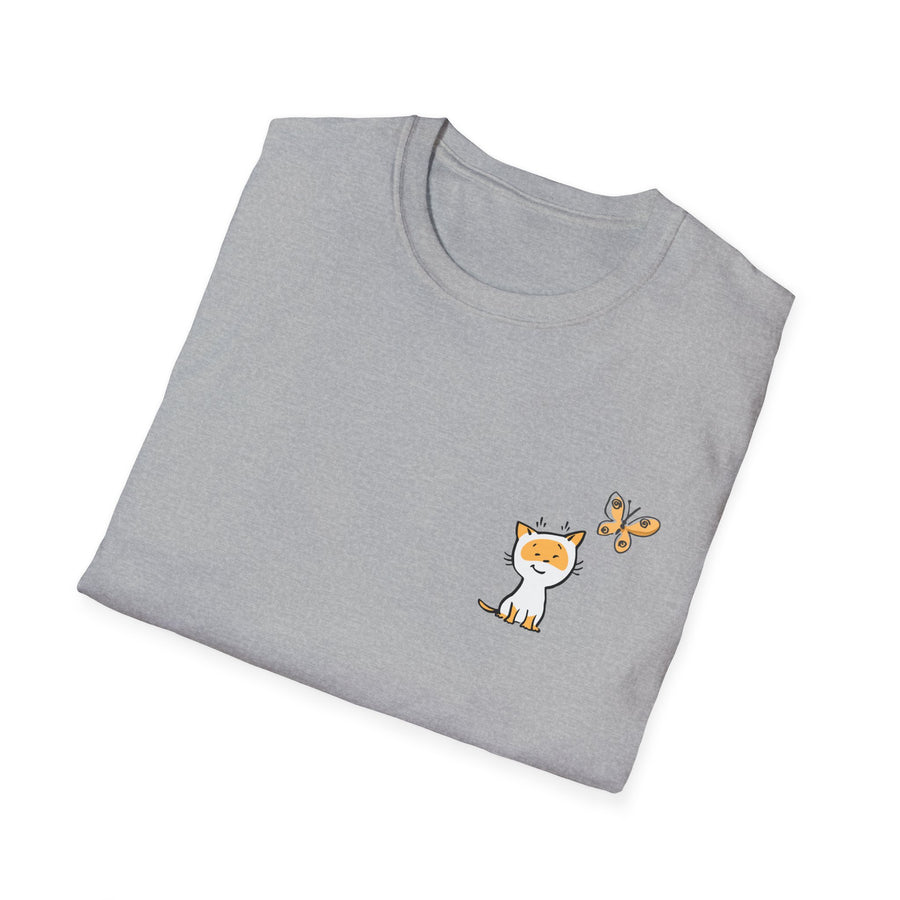 Cute Ginger Cat & Butterfly T-Shirt — Small Chest Graphic Cat Lover Tee