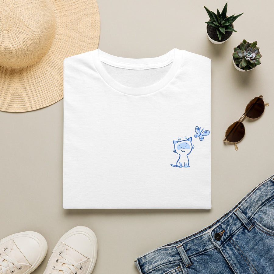 Cute Cat & Butterfly Chest Tee — Minimal Blue Graphic T-Shirt