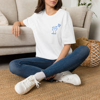Cute Blue Doodle Kitten T-Shirt — Minimal Cat & Butterfly Pocket Design